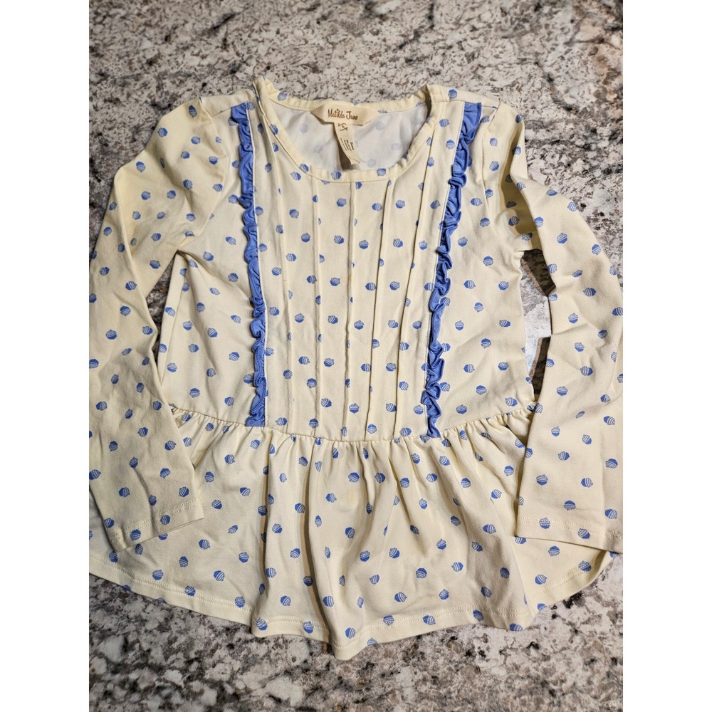 Matilda Jane Girls Cream Blue Acorn Ruffle Pintuck Peplum Top Long Sleeve Size 4